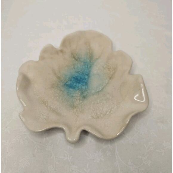 Handmade Ceramic Geode Pottery Trinket Dish Crackled Leaf 7" Dish - Picture 2 of 8